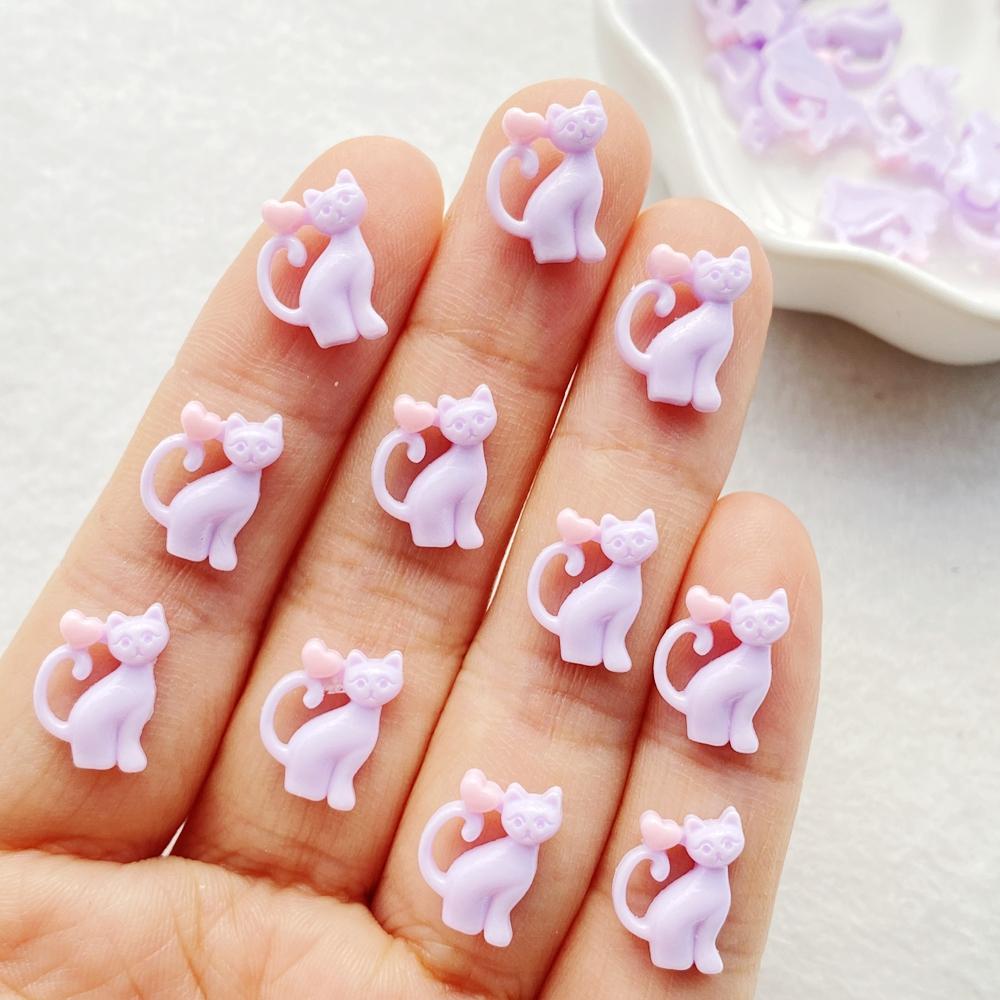 50pcs Colorful Resin Mini Cute Cartoon Heart Shaped Cat Head Nail Art Flat Back Figurines Scrapbook DIY Jewelry Decor Crafts