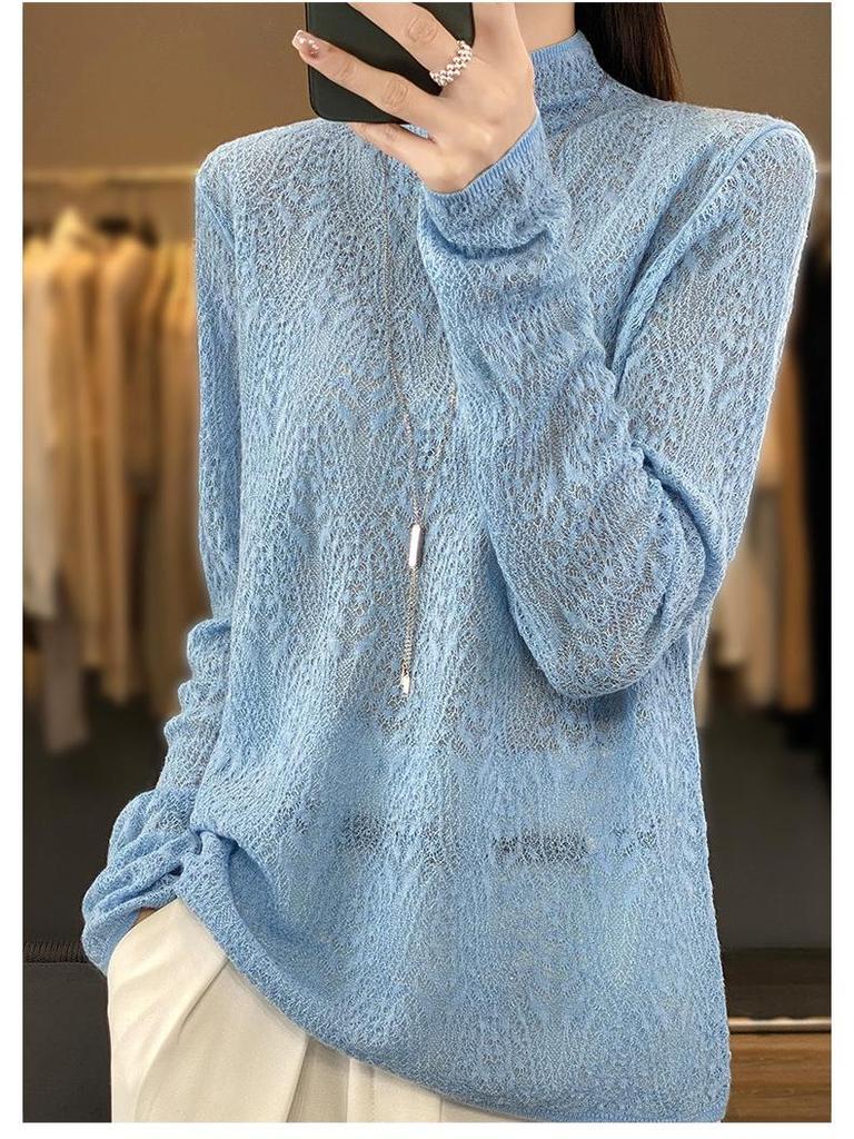 2025 Spring Worsted Wool Knit Sweater: Half-High Neck, Long Sleeve, Floral Hollow Design Pullover