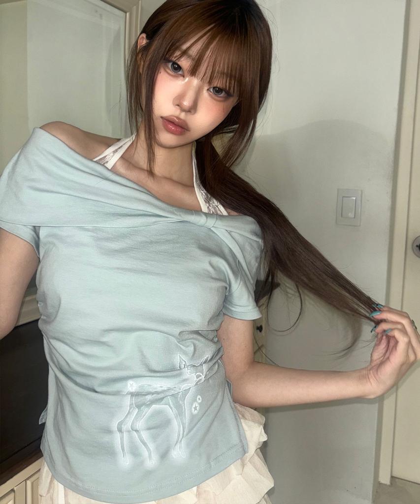 ILLIGO Saeso Dear Bow Off-Shoulder Tee Mint