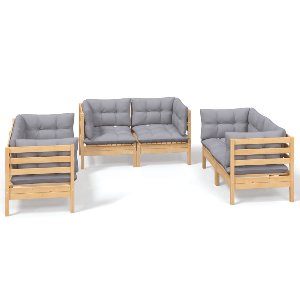 6 Piece Garden Lounge Set with Grey Cushions Solid Pine Wood