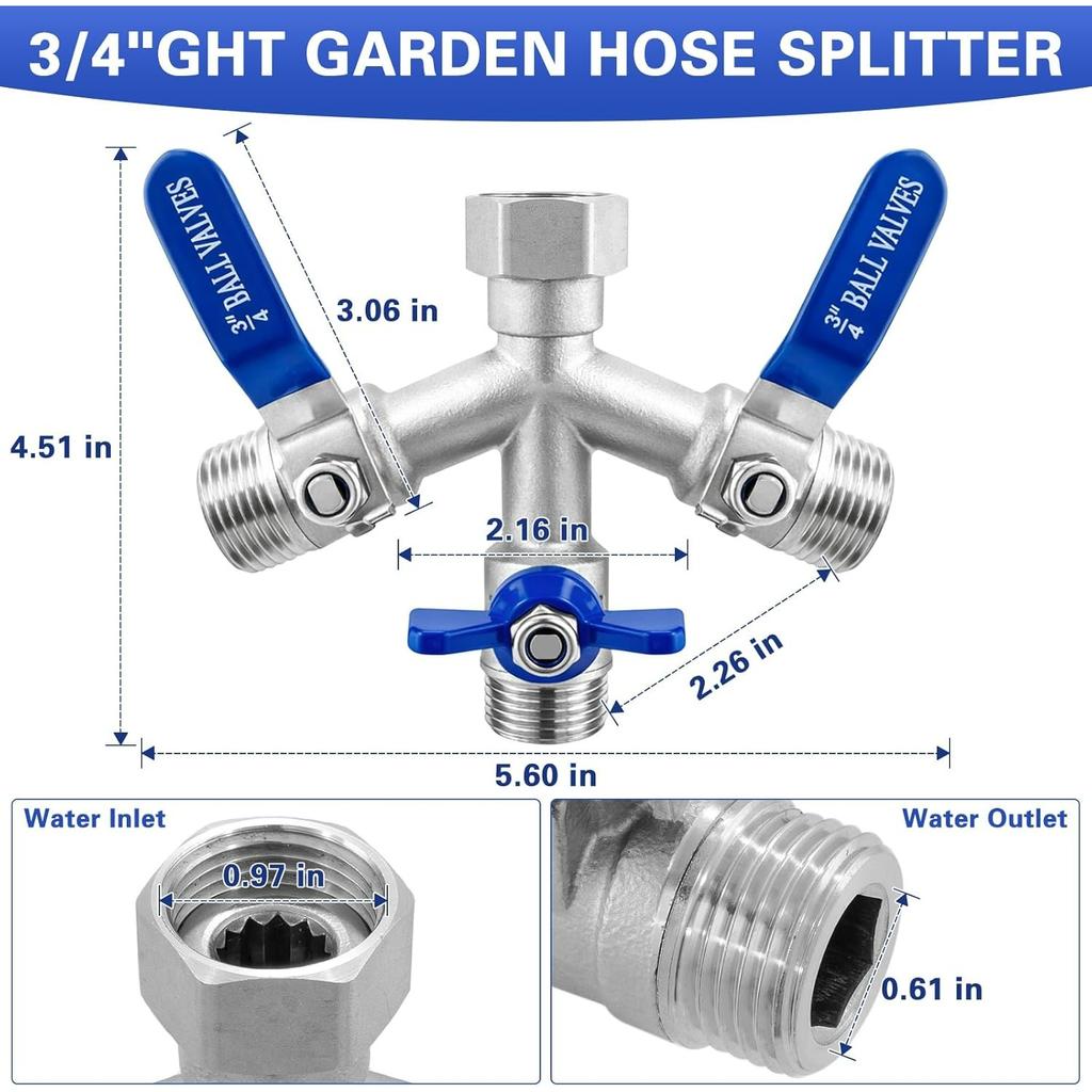 Heavy Duty 304 Stainless Steel Hose Splitter with Shut-off Valves,Full Flow Garden Water Hose Bib Spigot Splitter,3/4'' Thread Outdoor Faucet Splitter