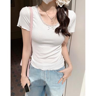 Ballet Style Pure Desire Lace U-neck T-shirt Women's Summer New Retro Short-sleeved Curled Bottoming Shirt Top