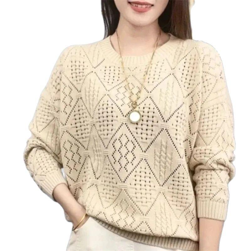 Spring Autumn Women's Loose Knitting Hollowing Out Ladies Pullover Sweater Korean Version Long Sleeved Top