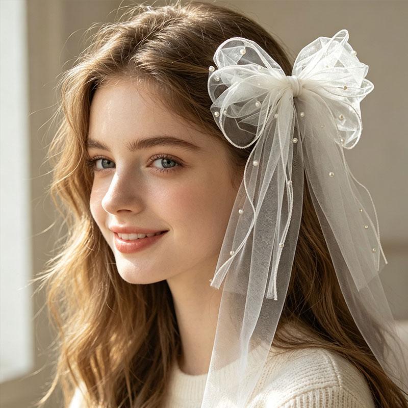 1Pc Chiffon Versatile Bow Hair Clip Bride Pearl Sweet Netting Hair Clip Veil