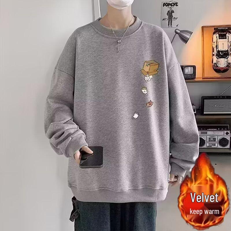 Men s Fleece-Lined Cartoon Hoodie: Warm, Stylish, Loose Fit, Round Neck, Pullover Large