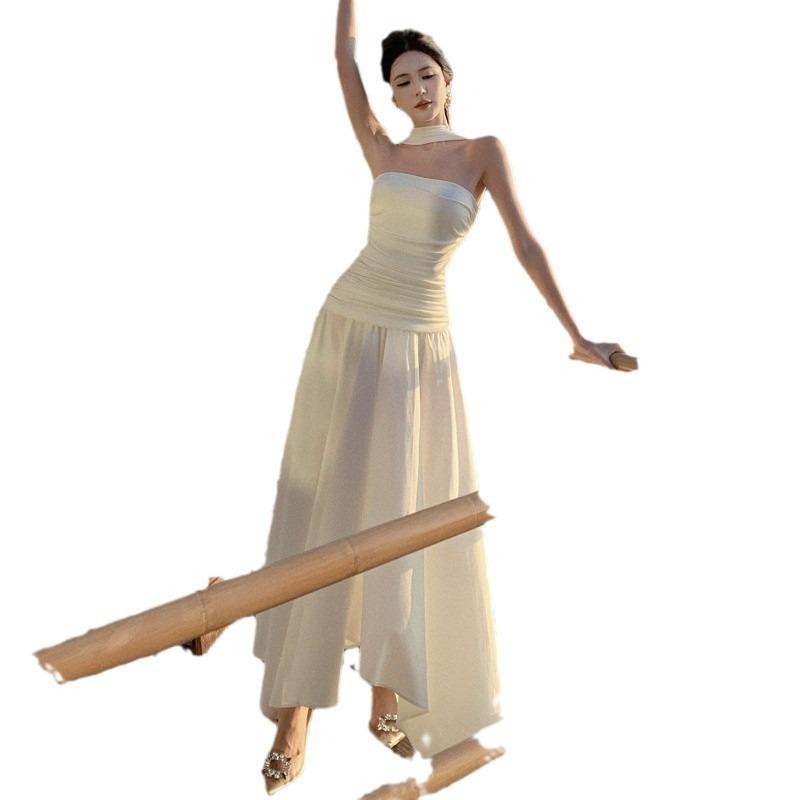 High-end Off-the-shoulder Neck Tube Top Pleated Irregular Dress Temperament Socialite Birthday Dinner White Dress Dress