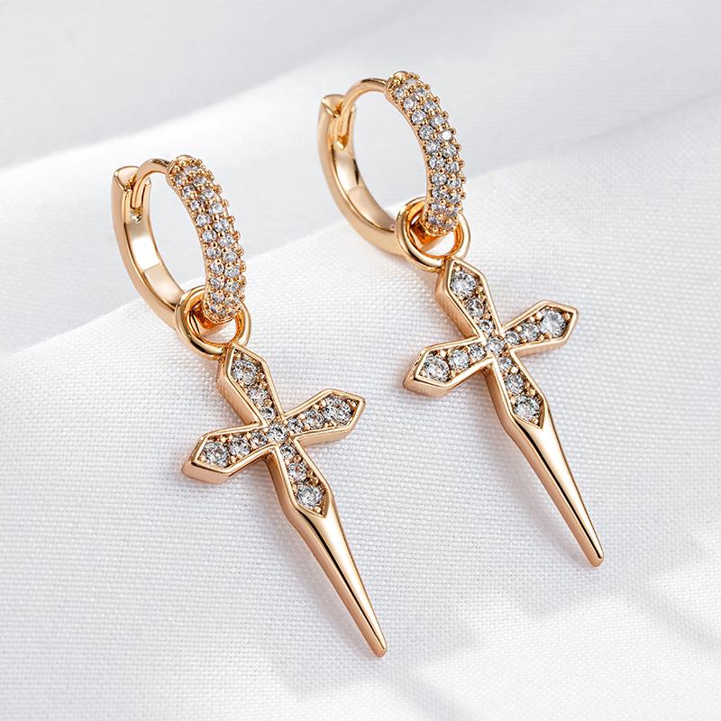Luxury Cross Dangle Earrings For Women  Rose Gold Color With Natural Zircon Accessories Vintage Daily Fine Jewelry