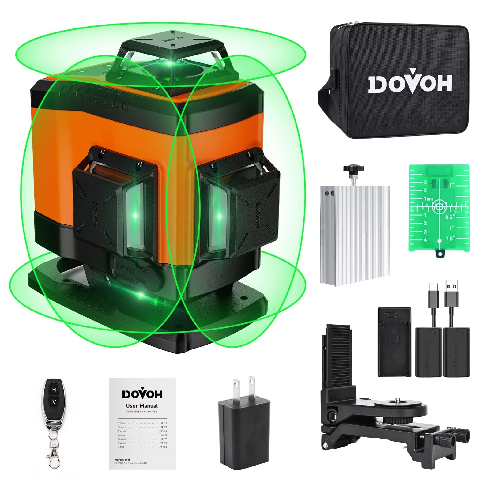 

DOVOH Green Laser 16 Automatic High 2 Vertical Lines and 2 Horizontal Includes 2 Rechargeable Receivers K4-360G Level, 4x360°, Lines, Correction, оранжевый