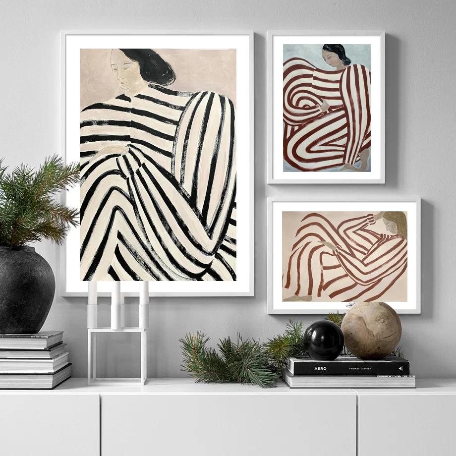 Sofia Lind Striped Pajamas Woman Geometry Leaf Canvas PaintingNordic Poster Wall Art Print  Retro Pictures For Living Room Decor