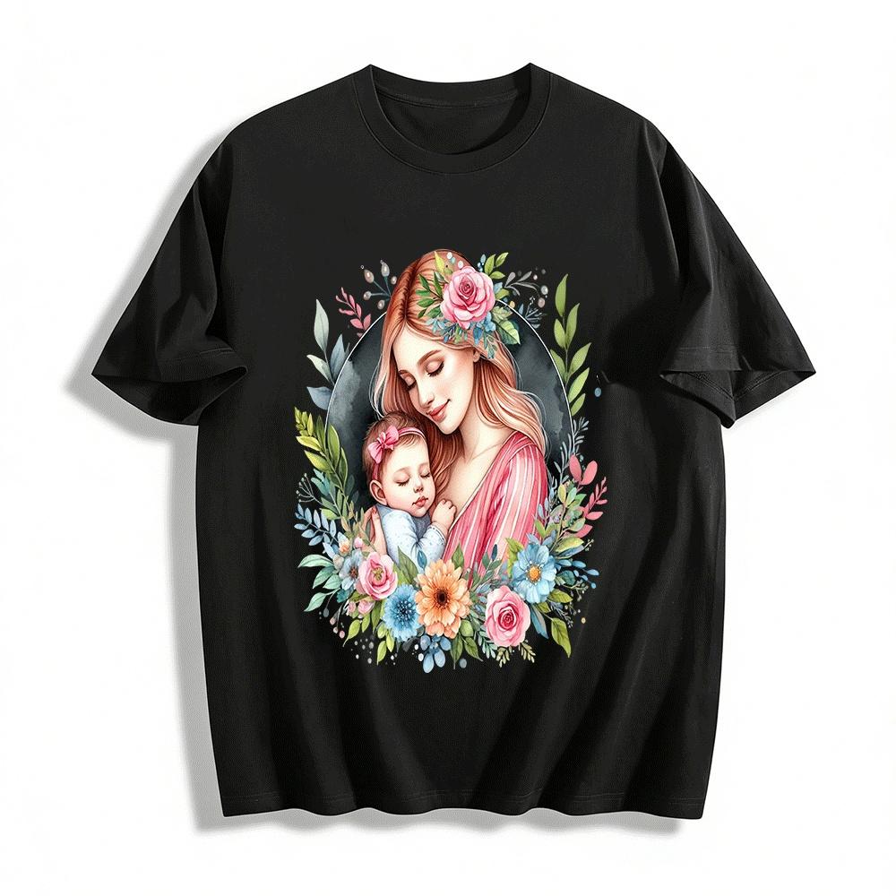 Floral Print Mom And Baby Hugging Casual Family Top Pure cotton T-shirt XXS