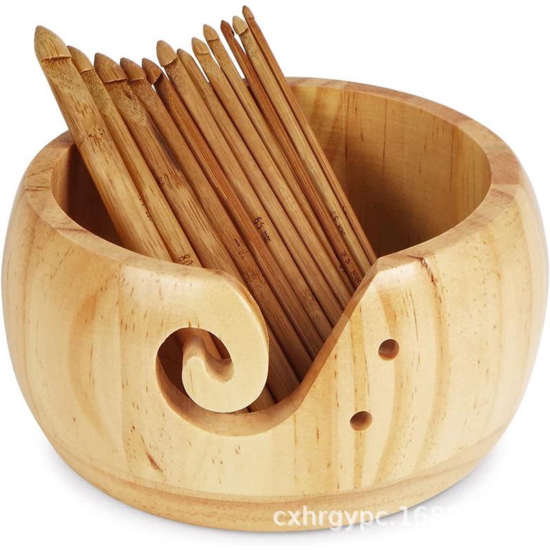 In Stock Solid Wood Round Yarn Storage Bowl with Character Carving