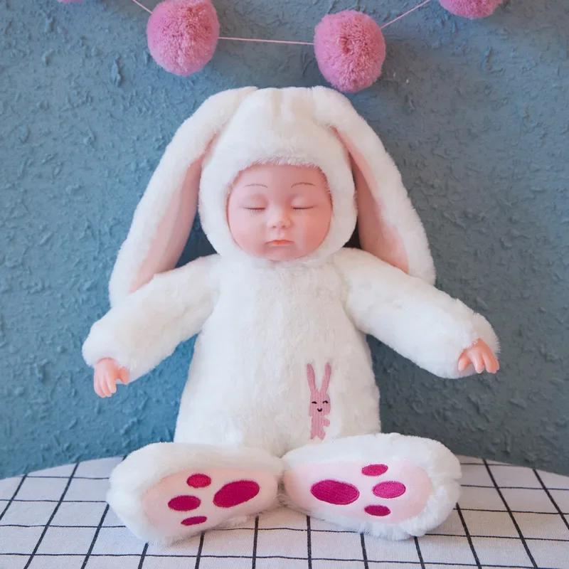 Soft Body Baby Doll Cute Sleeping Baby Dolls with Bunny Clothes Stuffed Toy Rabbit Animated Plush Plushie Birthday Gift for Kids
