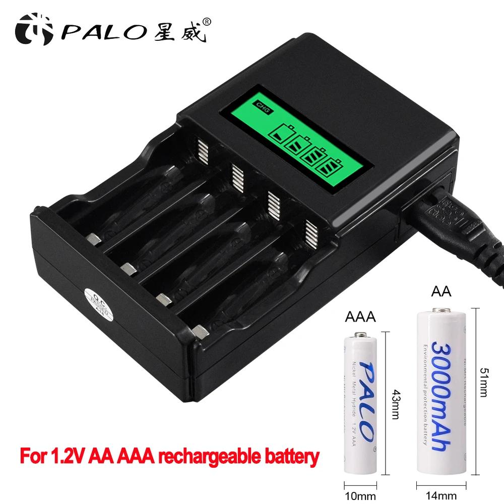 PALO 1.2V Nimh Rechargeable AAA Batteries AAA+AA Rechargeable Battery AA Batteria 3000mah+1.2V AA AAA Battery Smart Charger LCD