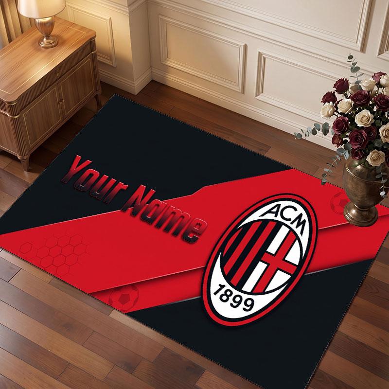 AC Milan Custom Crystal Velvet Rug, Personalized Name Text Print, Football Logo Soft Non‑Slip Floor Mat Home Decor Gift