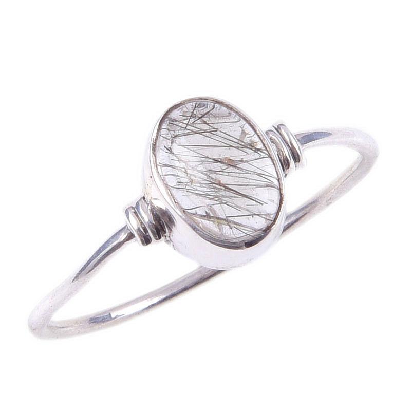 Natürlicher schwarzer Rutil-Edelstein, handgefertigt, 925er Sterlingsilber, Ring S.6 o2b62