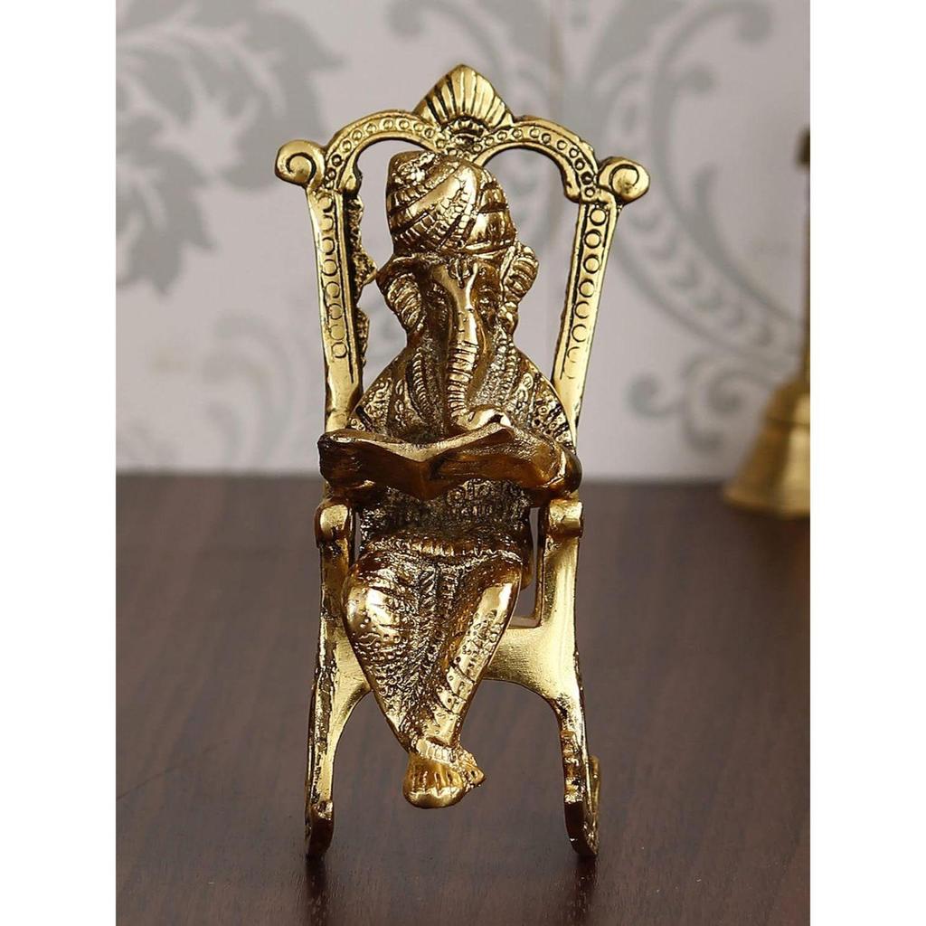 Golden Metal Lord Ganesha Idol Reading Book On Rocking Chair - Decorative Hindu God Statue for Home Decor - Gift for Diwali