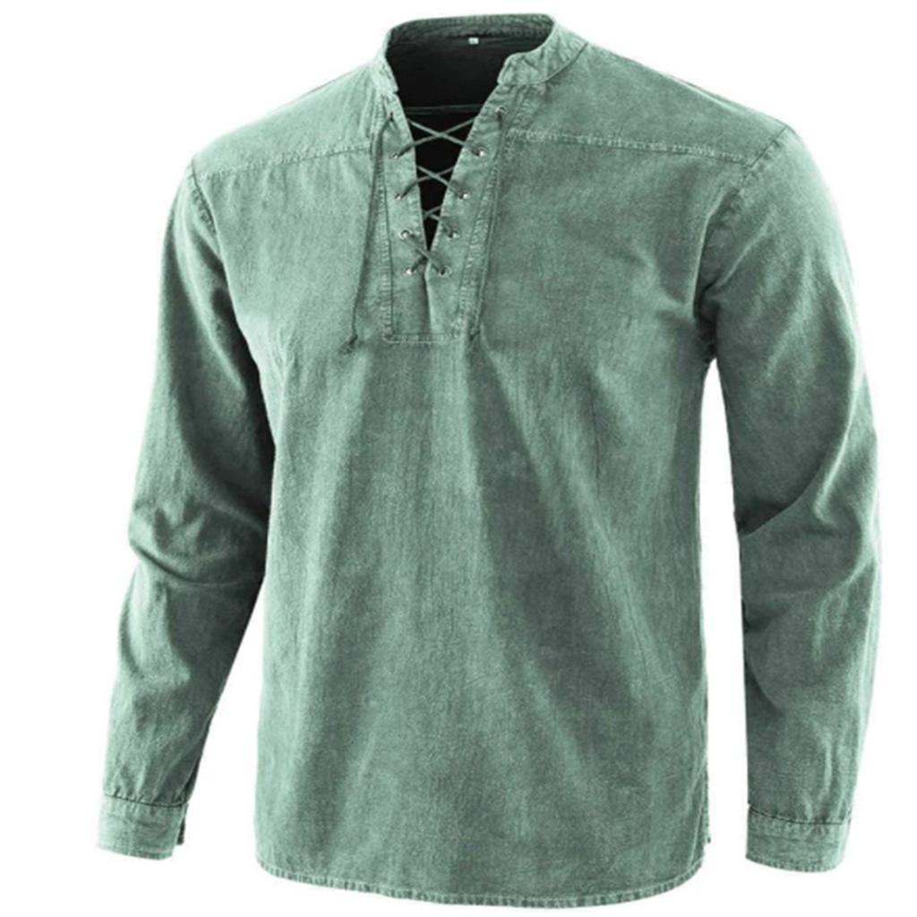Men's Solid Color Vintage Laced Stand-Collar Loose Casual Shirt