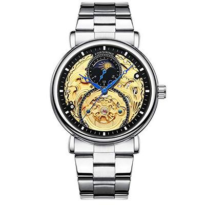 FORTINING Men's Automatic Analog Watch, Fashion Skeleton Tourbillon, Waterproof Moon Phase Leather Mechanical Watch (Silver & Black & Steel Strips)