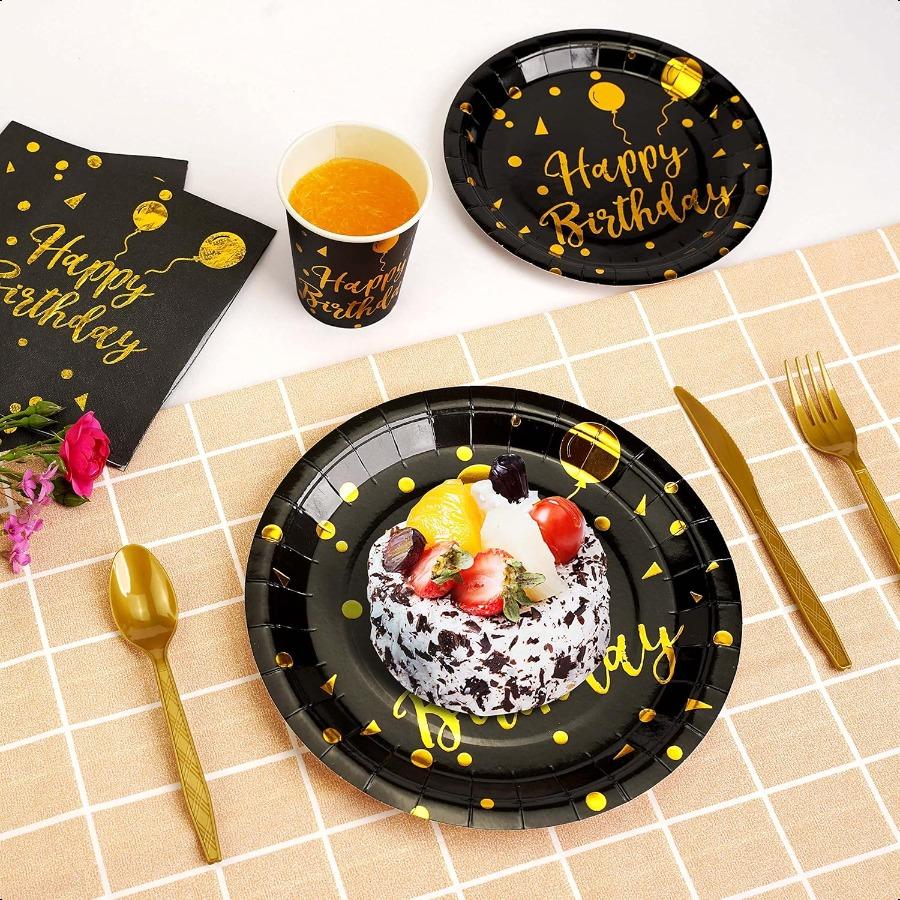 200 Pieces of Black and Gold Birthday Party Supplies Disposable Happy Birthday Tableware Set Gold Plastic Knives Forks Spoons S