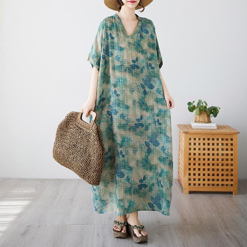 DIMANAF 2025 Summer Plus Size Dress Basic Women Casual Loose Vintage New Oversized Flower Dress Maxi