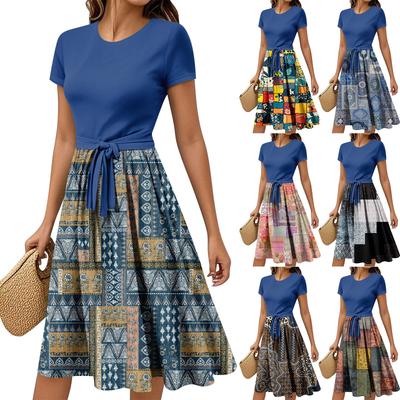 Women's Casual Fashion Belted Vintage Printed Short Sleeve Round Neck Elegant Dress