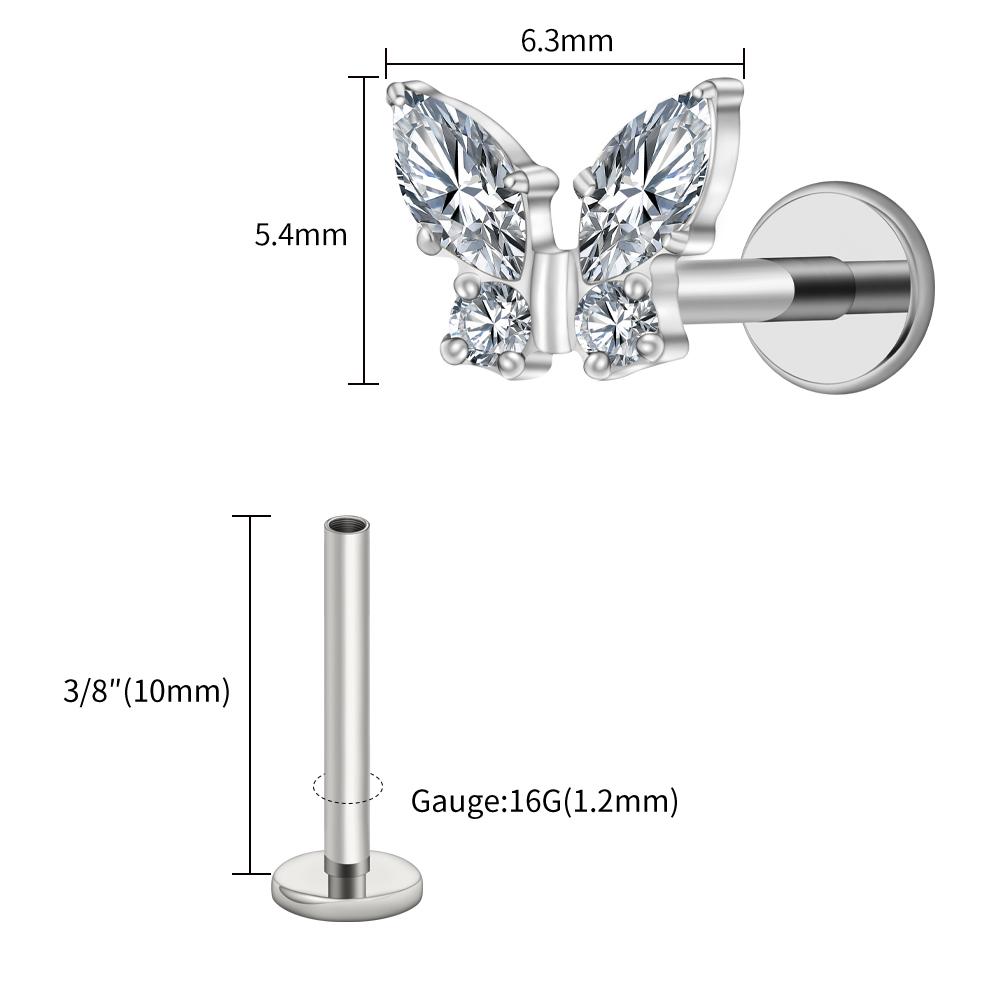 Right Grand ASTM F136 Titanium 16G Mini Butterfly CZ Labret Tragus Cartilage Conch Forward Helix Stud Nose Piercing Body Jewelry