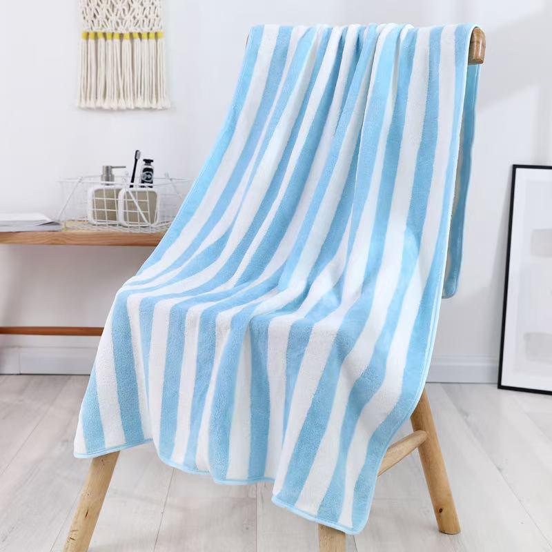 Striped Coral Fleece Bath Towel - Soft, Absorbent, No Shedding.