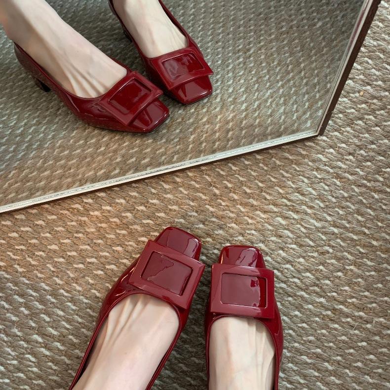 Sheepskin Version~ Square Buckle Thick Heel Square Head Temperament High Heels Single Shoes Women's Leather Soft Sole Mary Jane Shoes
