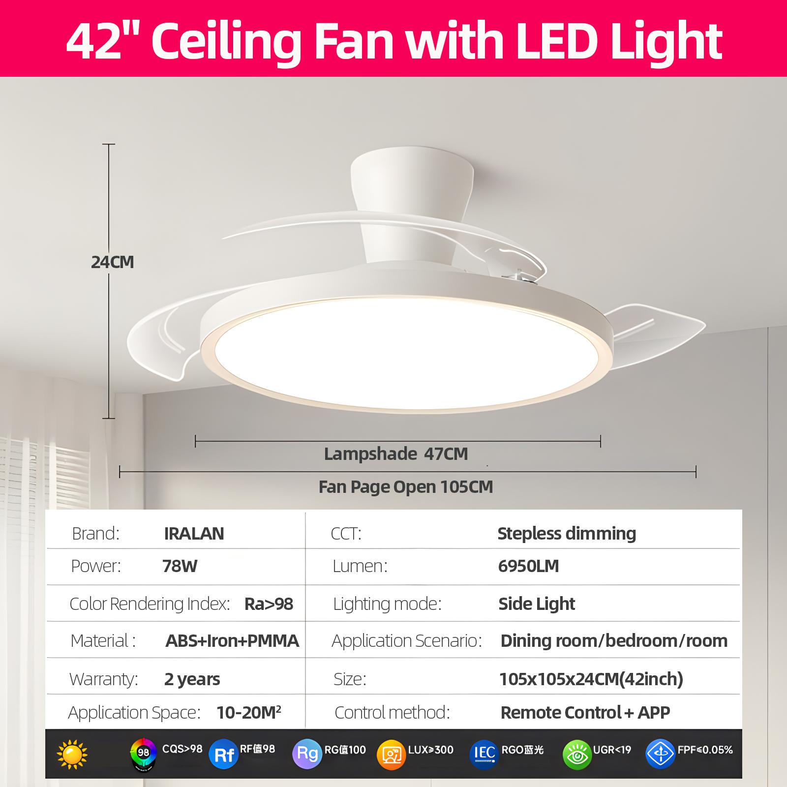 

IRALAN Modern Invisible Ceiling Fan with LED Light DC motor Large Air Volume Remote Control for Bedroom Dining room APP With RC Dimmable