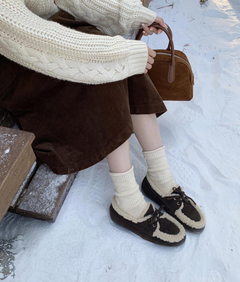 High Version 2025 Winter New Wool Integrated Flat Bottom Strap Fashion Casual Thickened Warm Cotton Shoes Doudou Shoes