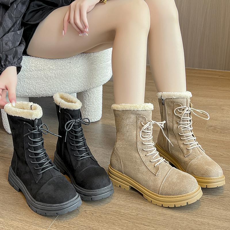 Fashion 2024 Women Winter Snow Boots Warm Flat Platform Lace Up Ladies Women's Shoes New Flock Fur Suede Ankle Boots Plus Size