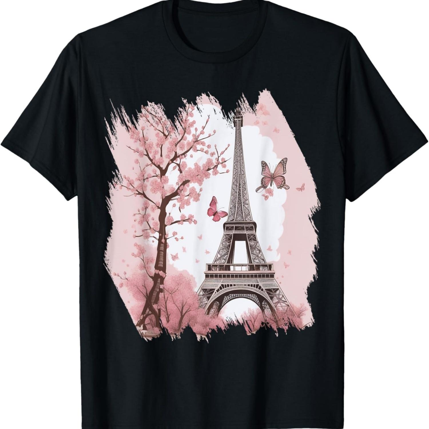 Paris Eiffel Tower Souvenir Cherry Blossom Bonjour French T-Shirt S