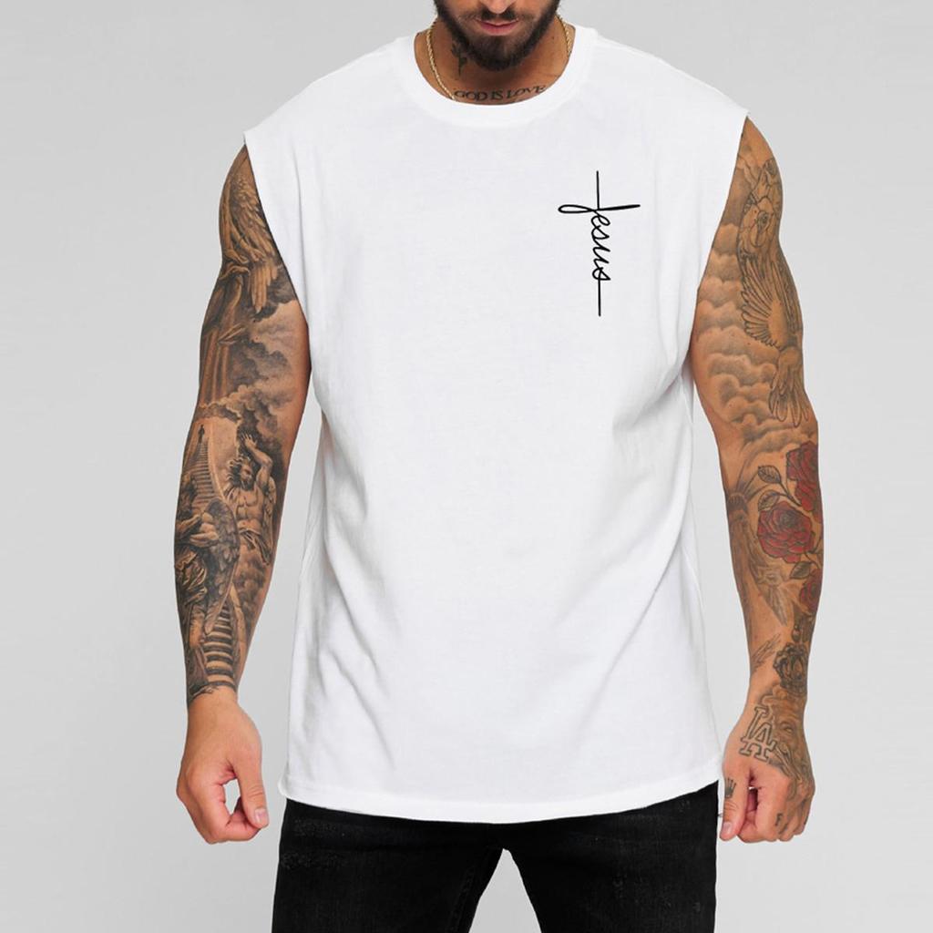 Sleeveless Mens Tshirt Loose Summer Casual Cotton Printed Vest