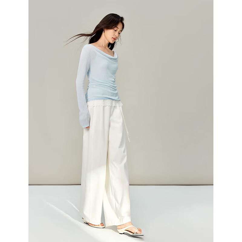 INMAN Lace Patchwork Drape Neck Long Sleeve Knit Top