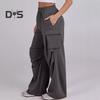 Women Cargo Pants Elastic Waist Mid-rise Straight Wide Leg Sweatpants with Multi Pockets Solid Color Casual Jogging Pants Loose Lounge Pants