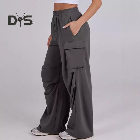 Women Cargo Pants Elastic Waist Mid-rise Straight Wide Leg Sweatpants with Multi Pockets Solid Color Casual Jogging Pants Loose Lounge Pants