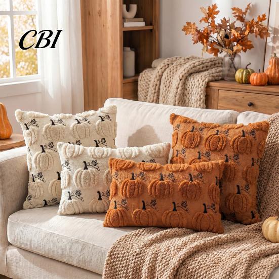 Autumn Thanksgiving Home Decor Pumpkin Cushion Cover, Plush Embroidered Throw Pillow Decorative Covers Soft Cozy Case for Farmhouse Velvet Textured