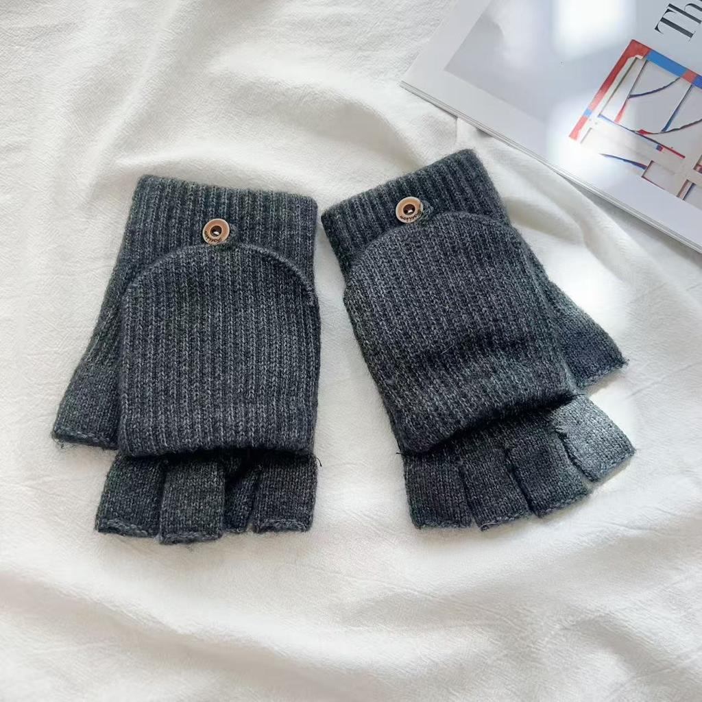 Solid Color Flip Gloves New Warm Solid Color Plus Velvet Writing Fingerless Simple Gloves