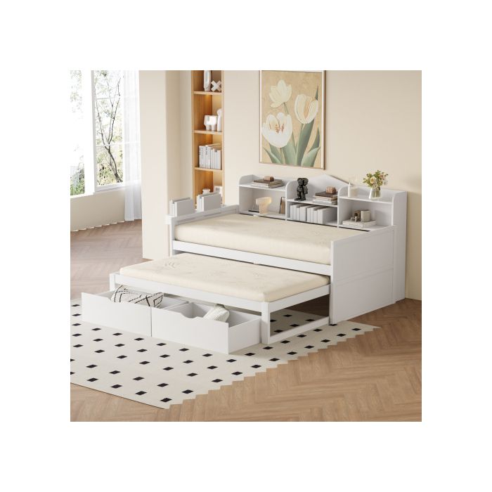 Canapé-lit - MUVOE - 90x200 Cm - Blanc - Lit Gigogne 90x190 Cm - Rangement Intégré