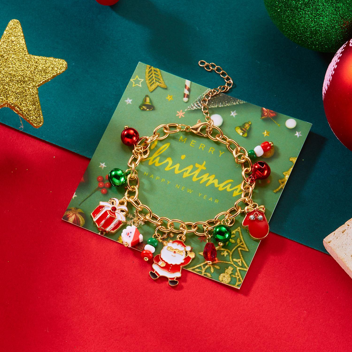 

Christmas Tree Bell Zircon Bracelet for Women Girl Cartoon Santa Wreath Elk Snowman Glove Paper Card Chain New Year Zircon Gift