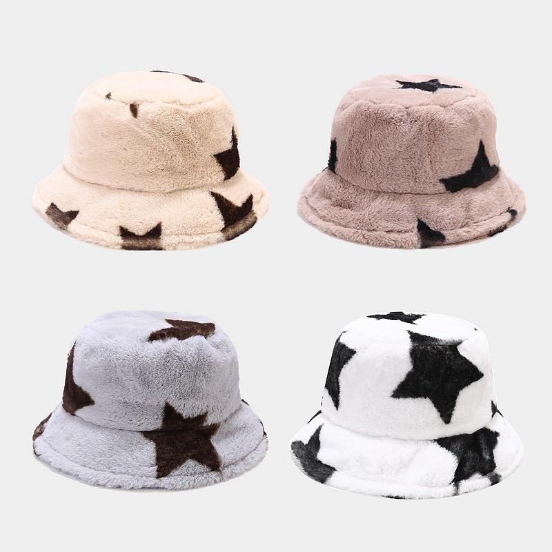 Autumn and Winter New Thickened Plush Pentagram Bucket Hat Female Internet Celebrity Fashion Trend Warm Basin Hat Casual Visor