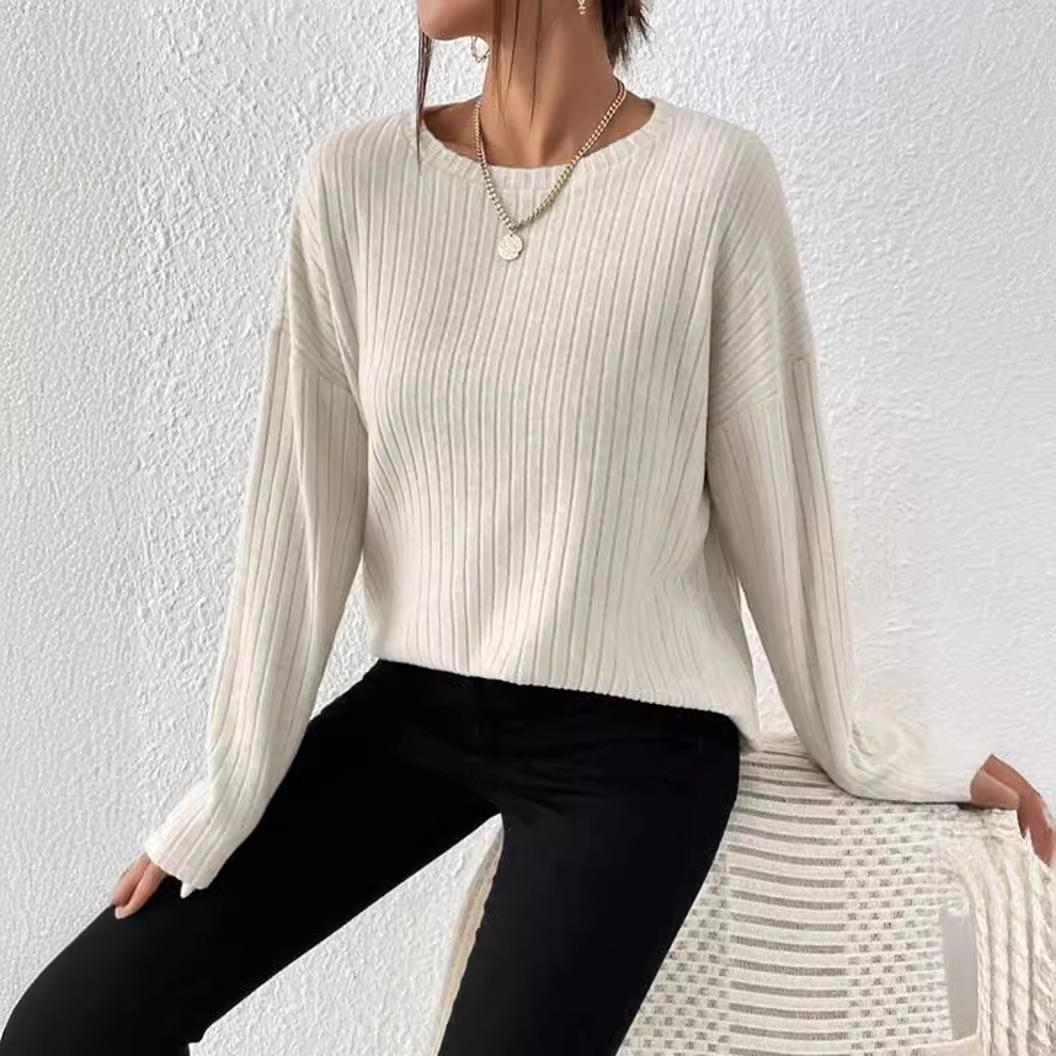 Элегантные пуловеры с круглым вырезом и полоской пике для женщин однотонный свободный свитер женская осенняя повседневная вязаная одежда для работы XS бежевый 2489₽