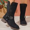Vintage Metal Belt Buckle Sexy Black Ankle Boots Women 2025 Autumn Bohemia Hollow Out Brown Suede Boots Retro Cowboy Shoes