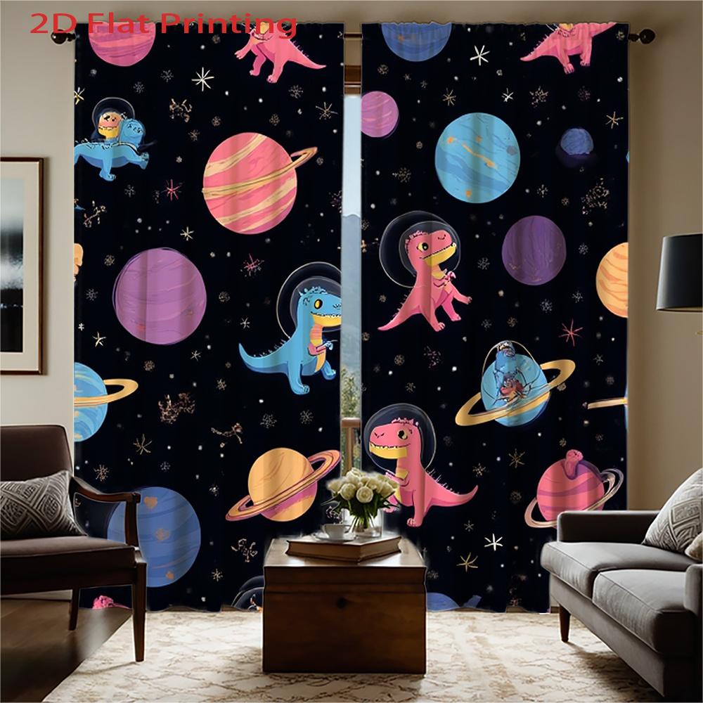 Cute Dinosaur Space Print Curtains Flat Printing Design Semi Transparent Polyester Fabric Vibrant Cartoon Set Of 2 Made With Rod Pocket