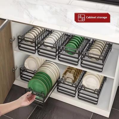 Multi-Functional Bowl Rack Pull-Out Design with Utensil Holder Drainage Storage Rack Carbon Steel Cabinet Drawer Rack