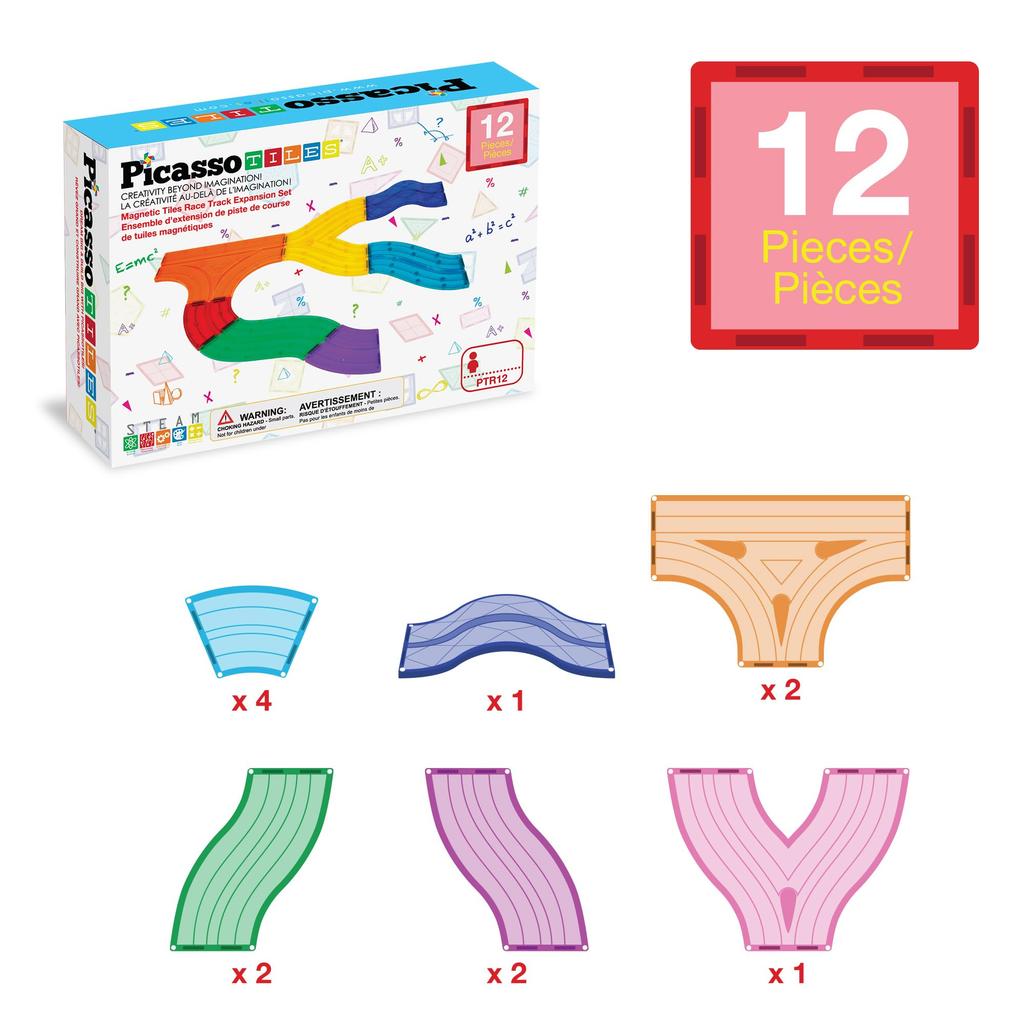 PicassoTiles Race Track Magnetic Building Block Magnetic Building STEM Learning Early Kids Toy Pretend Brain PTR12 12-Piece Add-On Set, Tiles, Toy,
