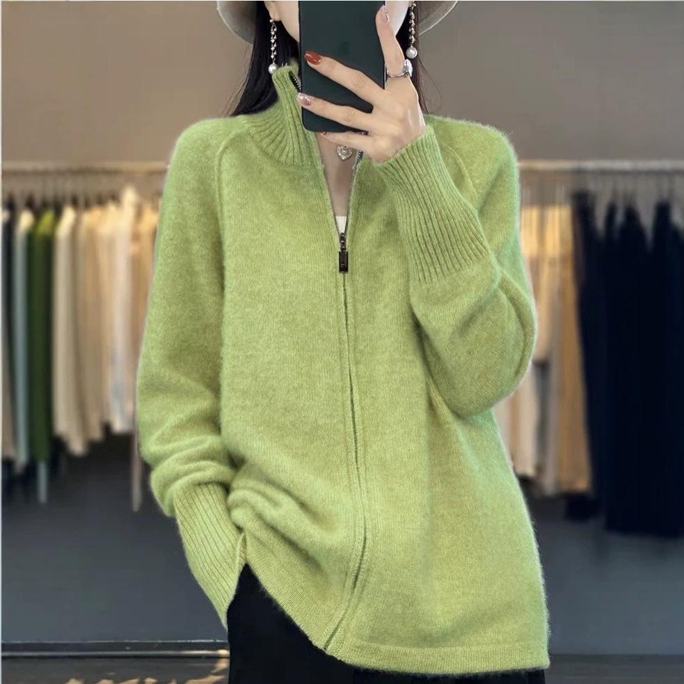 European and American Pure Color Half-High Collar Knit Zipper Sweater for Women - Autumn/Winter Loose Slimming Cardigan