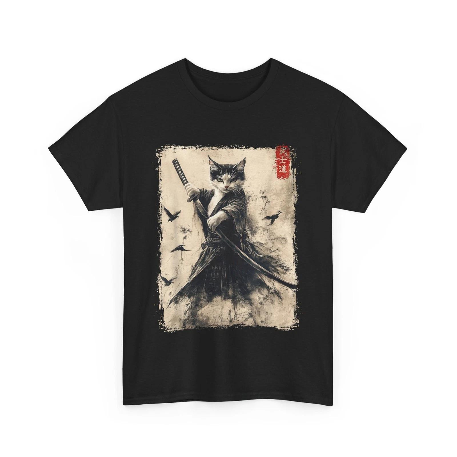 Футболка с изображением кота-самурая, винтажная, в стиле японского аниме. 2XL
