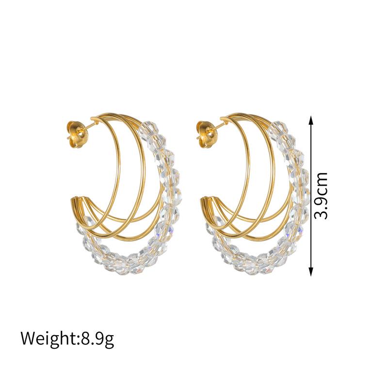 18k Gold Stainless Steel Geometric C-Shaped Beaded Earrings for Women - Elegant Fashion Jewelry