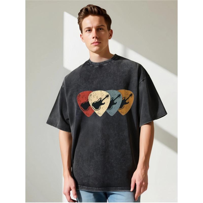 

European Size Men S Vintage-Inspired Water-Washed T-Shirt with Guitar Pick Print | Casual Black Tee for Adults, Loose Fit, Crew Neck S чёрный